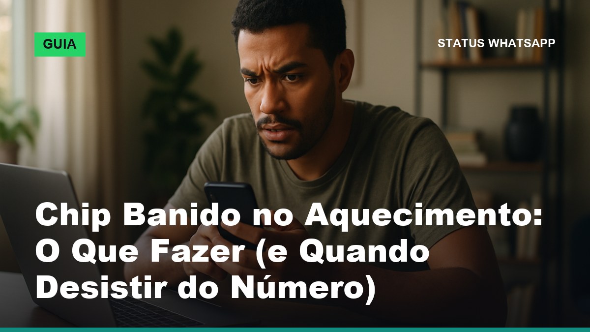 Empreendedor brasileiro com chip banido no aquecimento do WhatsApp analisando o bloqueio no celular ao lado do notebook