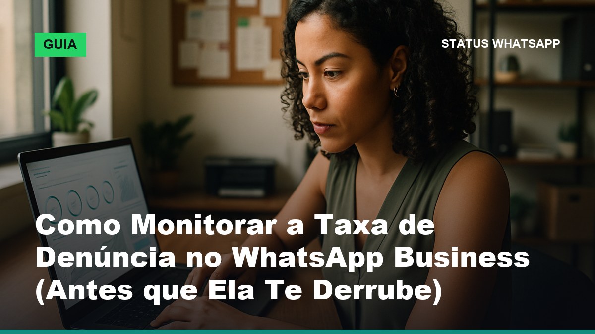 Gestora de marketing monitora a taxa de denúncia e o quality rating do WhatsApp Business no painel do computador