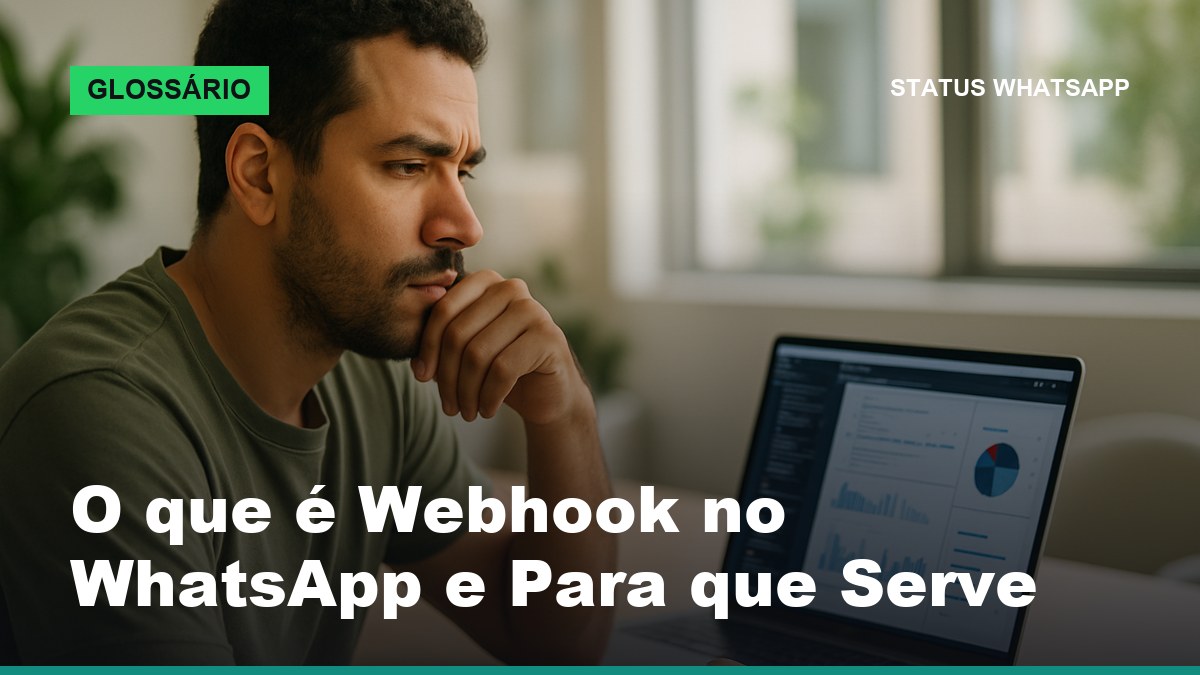 Desenvolvedor brasileiro configurando webhook do WhatsApp em um notebook com painel de integração aberto no escritório