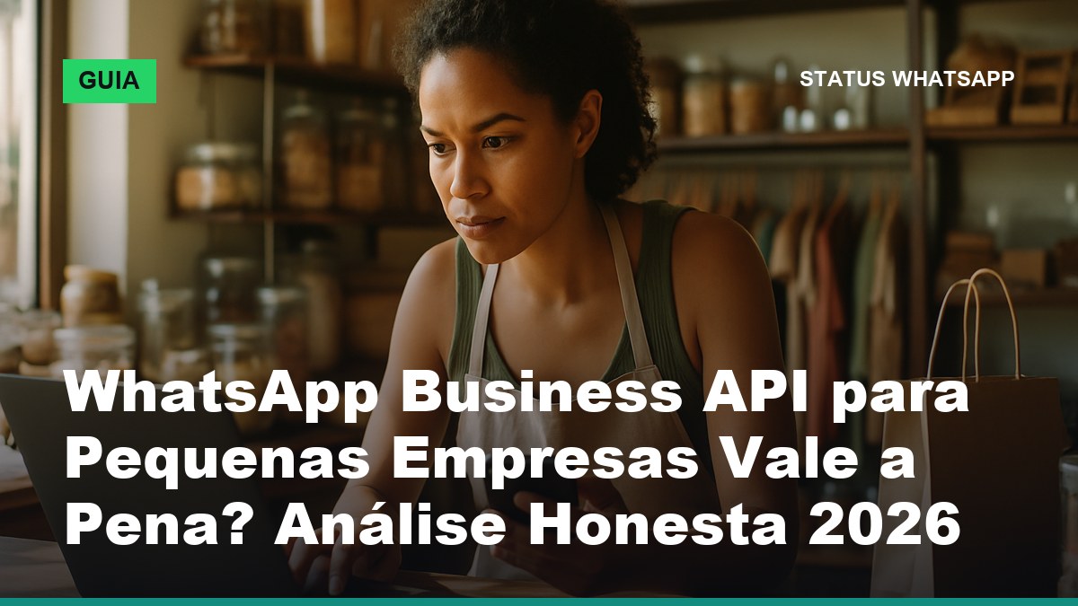 Dona de pequena empresa brasileira avaliando se o WhatsApp Business API vale a pena, no balcão da loja com notebook