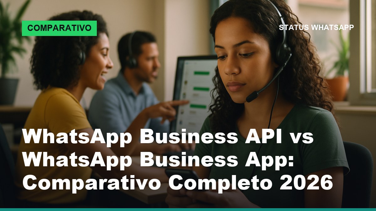 Equipe de atendimento brasileira comparando WhatsApp Business API no computador e WhatsApp Business App no celular