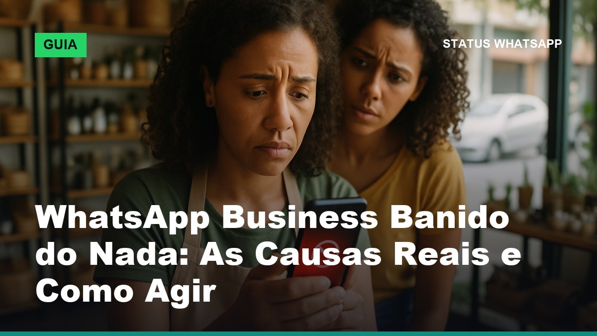 Empresária brasileira preocupada olhando a tela de WhatsApp Business banido do nada no celular da empresa